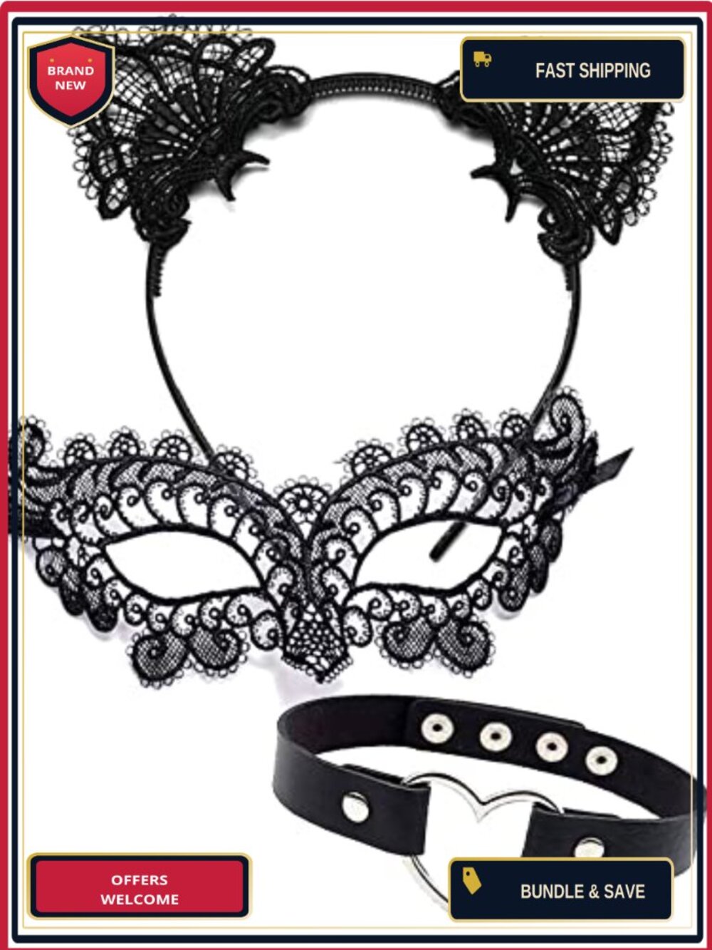 Faux Leather Cat Mask Lace Ears Headband Choker Costume Set